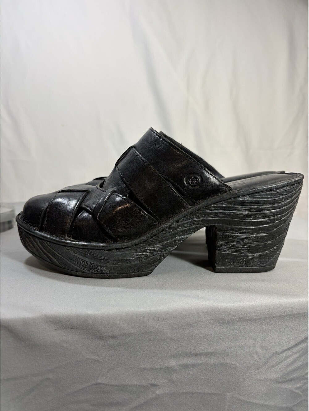 Born Pollina Black Leather Platform Mule Clogs Block Heel Comfort Slides Womens